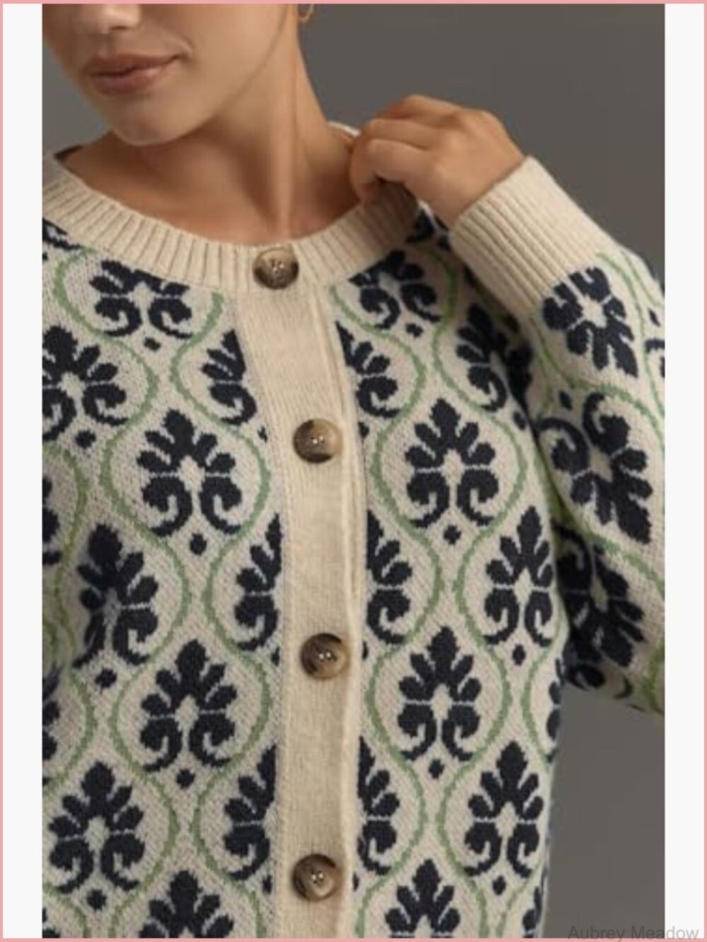 Women Floral Cardigan Open Front Long Sleeve Button Down Knit Sweater - Picture 5 of 7